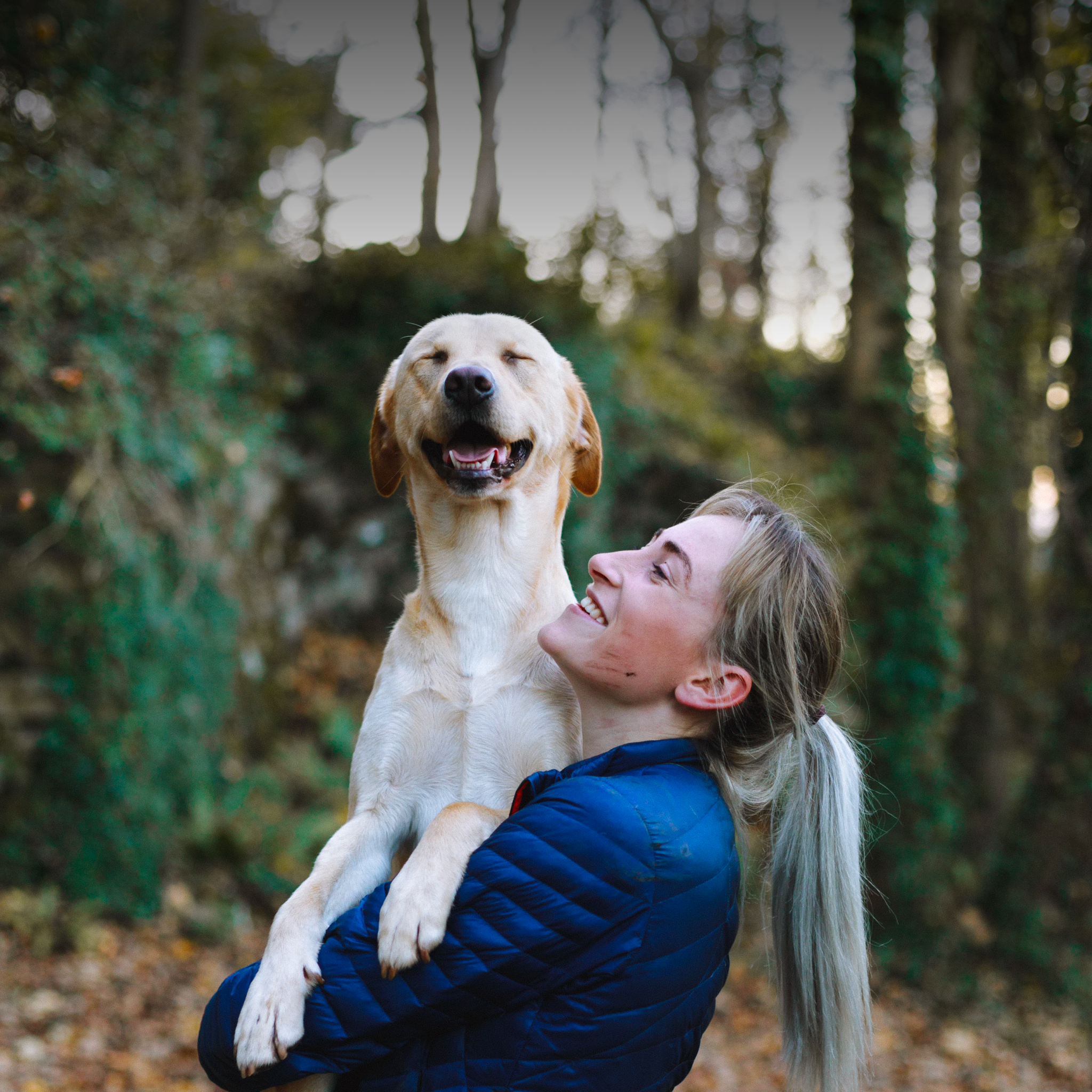 A young woman holds up a joyful dog in the woods